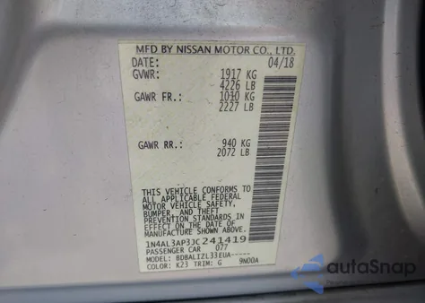 2018 Nissan Altima 2.5 Sv z USA, uszkodzony, nr VIN 1N4AL3AP3JC241419